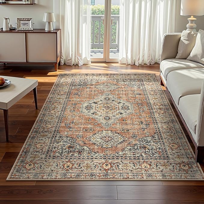 Lahome Oriental Washable Rugs 5x7, Soft 5x7 Rug for Bedroom Living Room, Ultra-Thin Non Slip Stain Resistant Vintage Throw Carpet for ‎Dining Room Office Eleanor, Peach/Orange