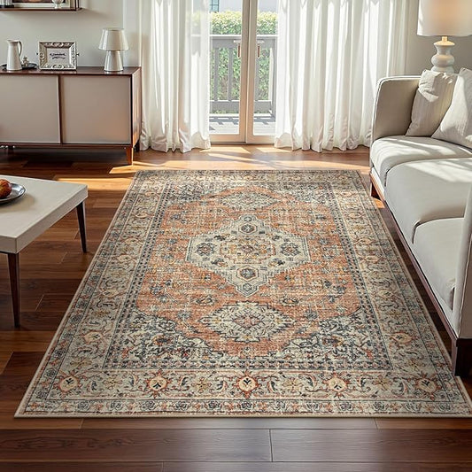 Lahome Oriental Washable Rugs 5x7, Soft 5x7 Rug for Bedroom Living Room, Ultra-Thin Non Slip Stain Resistant Vintage Throw Carpet for ‎Dining Room Office Eleanor, Peach/Orange