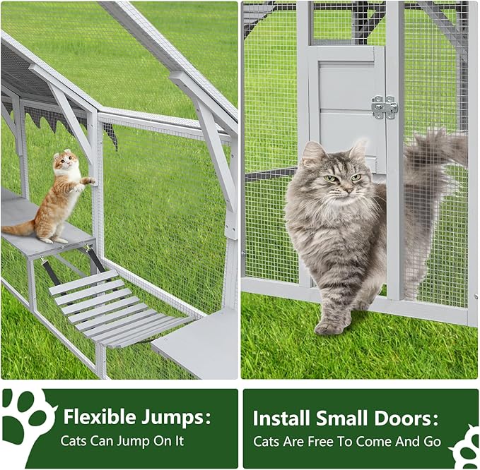 LOVMOR 110" Large Outdoor Wooden Catio, Outdoor Cat House Cat Enclosures, Weatherproof Cover roof, Two Small Sliding Doors, 2 x Bridges, 2 x Sleeping Houses, 7 x Cat Walks