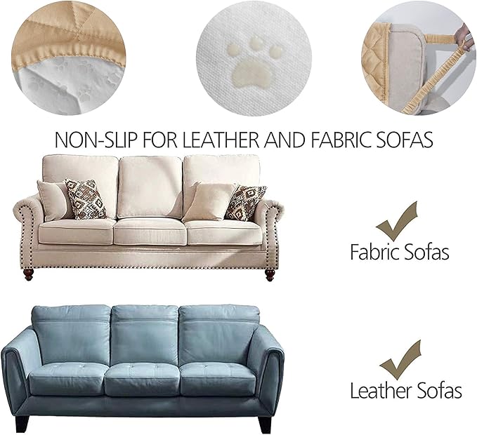 Ameritex Couch Sofa Slipcover 100% Waterproof Nonslip Quilted Furniture Protector Slipcover for Dogs, Children, Pets Sofa Slipcover Machine Washable (Sand, 68'')