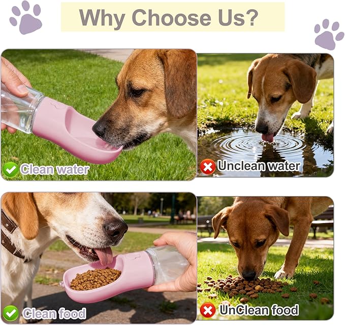 Portable Dog Water Bottle with Food Container, BPA Free Travel Water Bottle for Dogs, 2-in-1 Dispenser Drinking Feeder for Pets Walking, Hiking, Travel, Puppy Essentials, Pink, 19oz