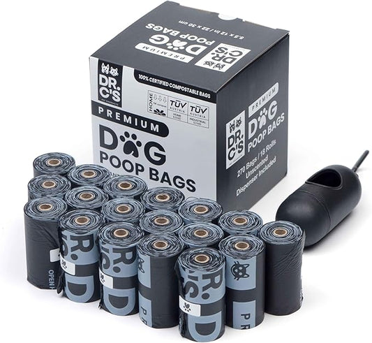 100% Certified Compostable Dog Poop Bags - Dr. C's Premium Dog Poop Bags - 270 Bags / 18 Rolls, Extra thick, Leak Proof, Unscented, Plant Based and Earth Friendly, Dispenser Included, USA Owned