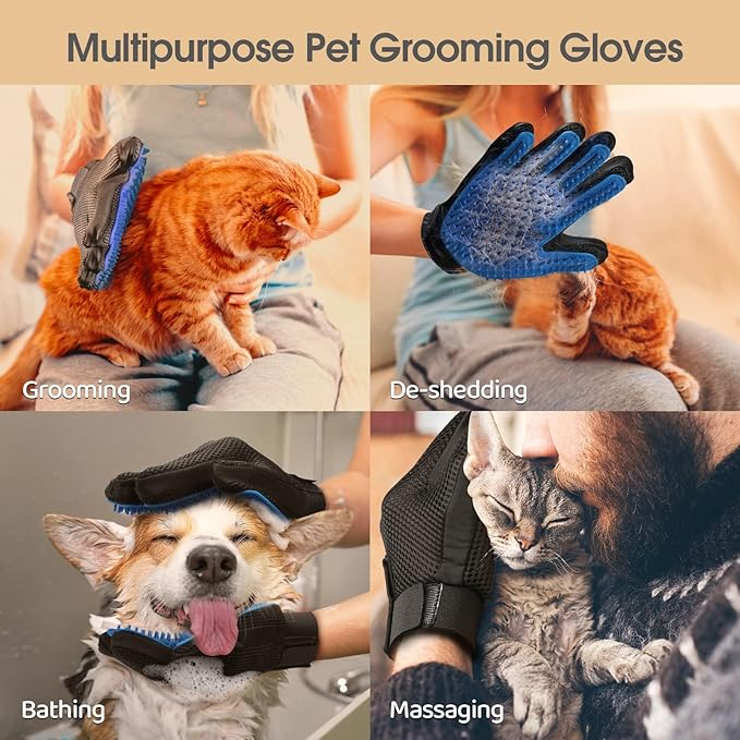 Efficient Pet Grooming Glove - Gentle Shedding Brush for Dogs, Cats, Horses, & more with Long & Short Hair - 1 Pair (Blue)