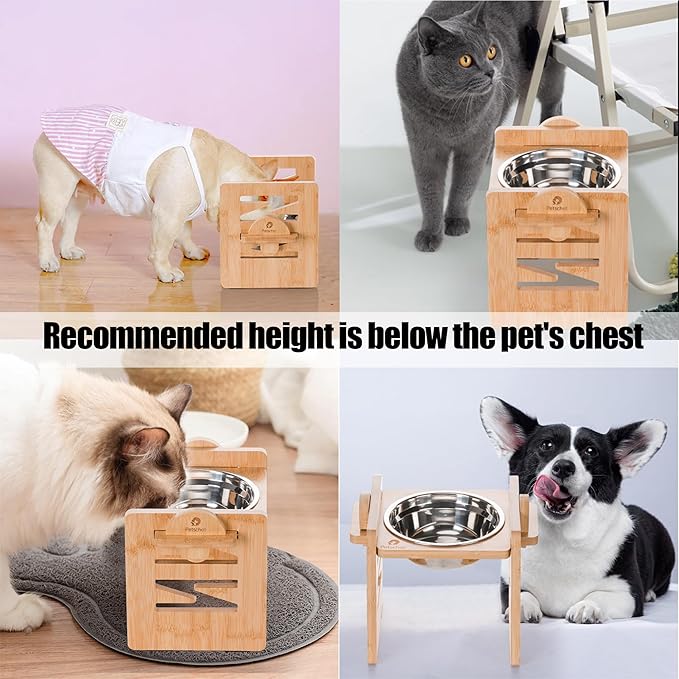 Elevated Dog Bowl, 6 Heights Adjustable Raised Dog Bowl 2.4″-6.7″, with Food Grade 304 Stainless Steel 15 OZ, Bamboo Dog Bowl Stand for Small & Medium Dogs Cats, 1 Pack
