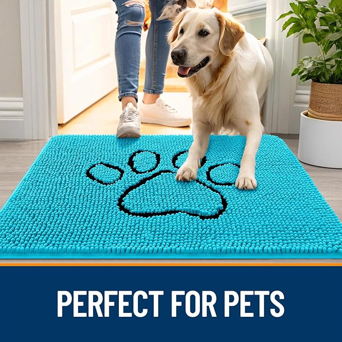 OLANLY Dog Door Mat for Muddy Paws 36x24, Paw Print Design, Absorbs Moisture and Dirt, Absorbent Non-Slip Washable Doormat, Quick Dry Chenille Mud Mat for Dogs, Entry Indoor Entryway Carpet, Aqua Blue