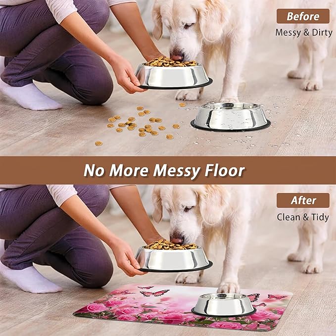 Rose Pink Dog Cat Food Mat,Butterfly Absorbent Pet Feeding Mat for Food and Water,Non-Slip Dog Bowl Mats Floor Protector 16"x24"