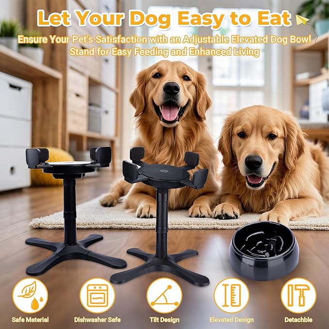 Elevated Adjustable Stand with Slow Feeder Dog Bowls,Tilted ABS Base,Fits 5.5-9.5" Bowls, Anti-Spill & Non-Slip, Heavy Duty for Med/Large Dogs(with Round Bowls)