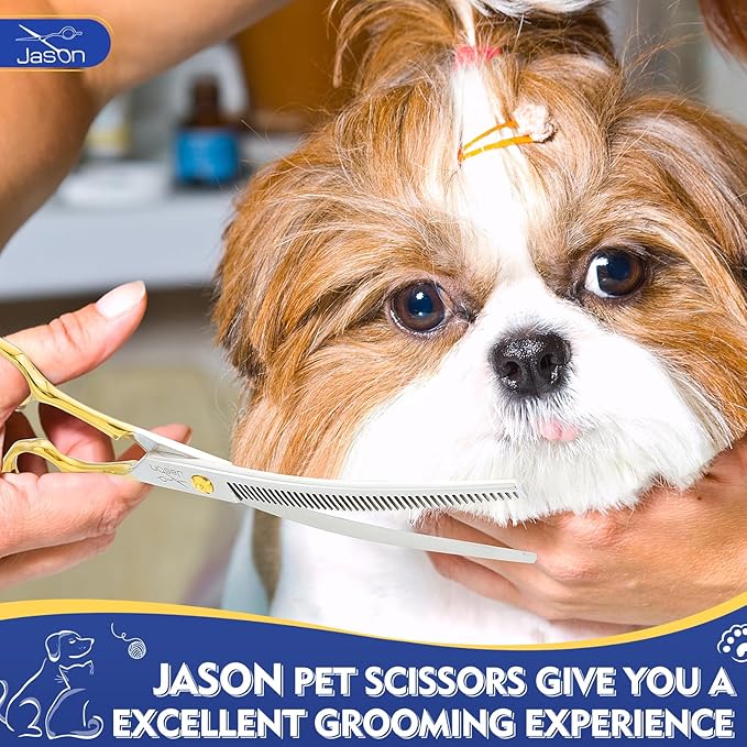 JASON Curved Thinner Dog Scissors - Ergonomic Updated Dog Grooming Scissors Sharp Curved Blender Dog Shears 440C Stainless Steel Grooming Shears Professional Pet Shears for Groomer