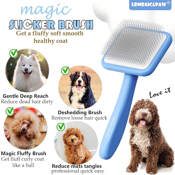 Dog Brushes for Poodles,Doodles,Goldendoodle,Bernedoodle.Dog Slicker Brush for Thick Long Curly Fur Deshedding,Fluffy,Grooming Remove Loose Hair Quick Easy.Long Pin Slicker Brush for Shedding.(Large)