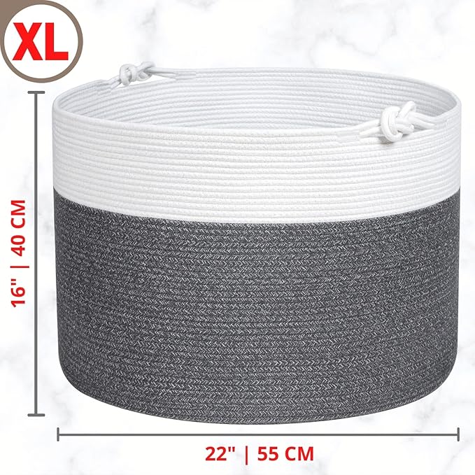 MINTWOOD Design Extra Large 22 x 16in Decorative Woven Cotton Rope Blanket Storage Basket Bin Living Room with Handles and Laundry Hamper for Pillows, Pool Towels, Dog Toys, Shoes, Dark Grey