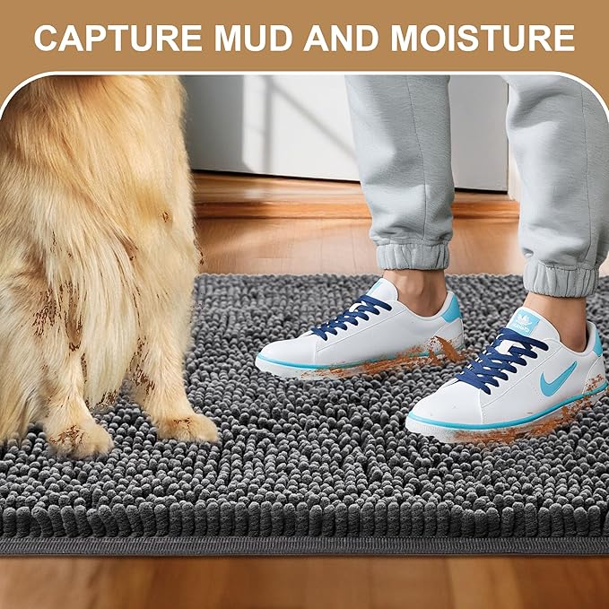 Amyracel Absorbent Dog Door Mat for Muddy Paws, 72" x 48" Non Slip Washable Door Mat Indoor Entrance, Quick Dry Chenille Pet Entry Rugs for Entryway Indoor, Grey