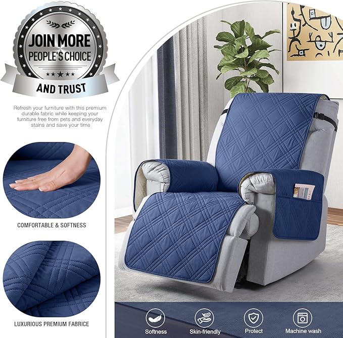 TAOCOCO Waterproof Recliner Chair Cover, Non Slip Oversized Recliner Covers for Recliner Chair with Pocket, Reclining Chair Cover Furniture Protector for Kids, Pets(Oversized Recliner, Ocean Blue)