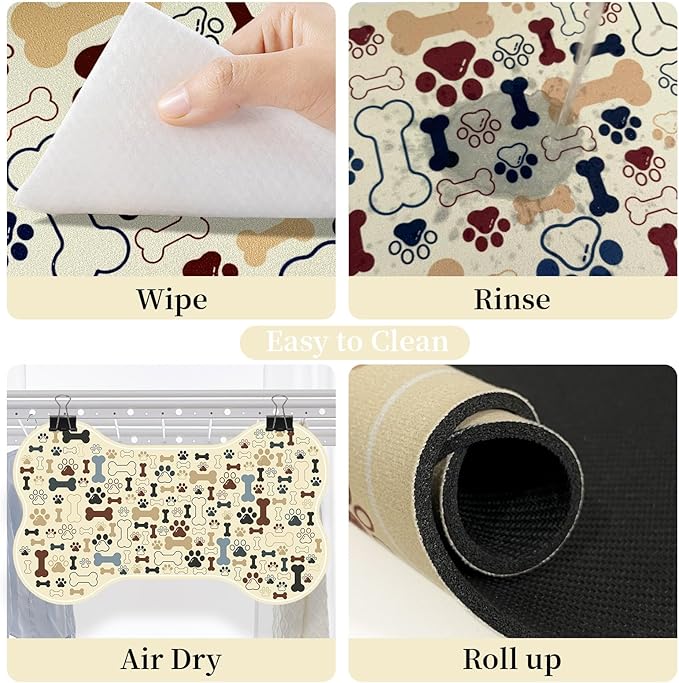 Dog & Cat Food Mat Bone Shaped Pet Feeding Mat Quick Absorb Water Bowl Placemat with Rubber Backing Indoor Floor Stain Resistant Pet Accessory Supplies (Beige, 17x29 Inches)