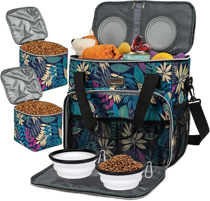 BAGLHER Dog Travel Bag, Pet Travel Bag (All Pet Travel Supplies), with 2 Pet Food Containers and 2 Collapsible Silicone Bowls; Essential Kits for Travel Hawaii