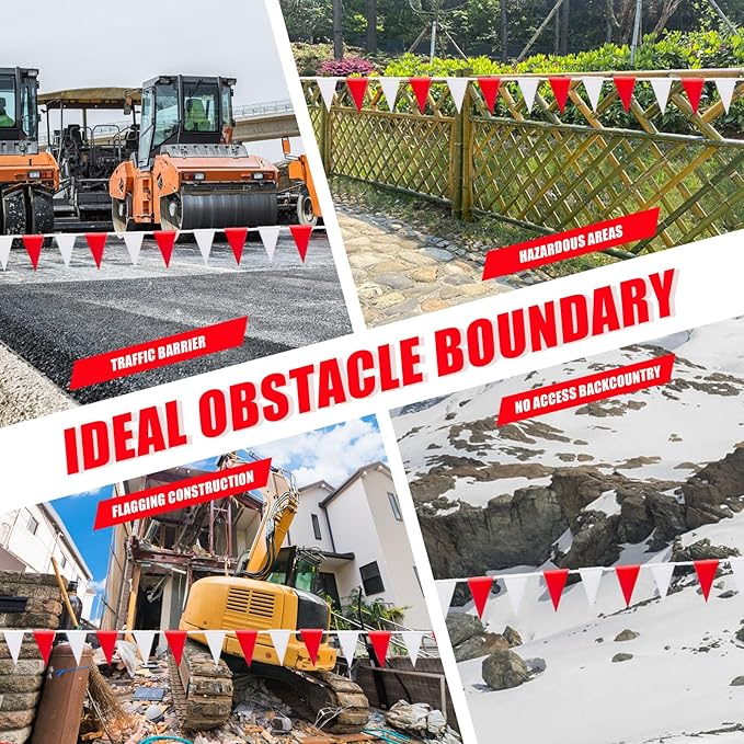Heavy Duty Pennant Banner Flags with Warning Signs - Multipurpose 105FT OSHA Colored Safety Alert Flags for Party,Construction Sites, Industrial Zones, and Events(RED+WHITE,45pcs,105FT)