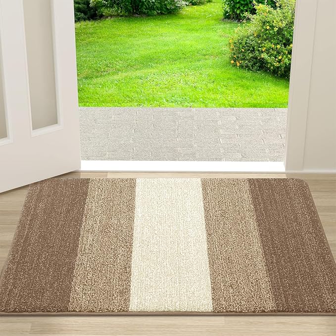 Kitinjoy Indoor Outdoor Door Mat, 30x17 Non-Slip Absorbent Dirt Trapper, Low-Profile Washable Inside Entrance Front Floor Mat, Sturdy Soft Entry Doormats for Entryway, Khaki