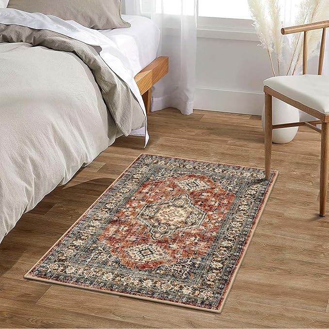 Lahome Oriental Washable Small Area Rug, 2x3 Rugs for Entryway Kitchen, Ultra-Thin Soft Indoor Door Mat Non Slip Throw Carpet for Bedroom Bathroom Eleanor, Brick Red