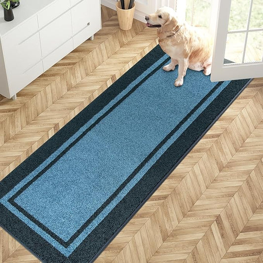 PURRUGS Dirt Trapping Door Mat 24" x 70", Non-Slip Machine Washable Entryway Rug, Entrance Mat, Indoor Front Door Mat, Super Absorbent Entry Rug for Muddy Shoes & Paws, Light Blue & Navy