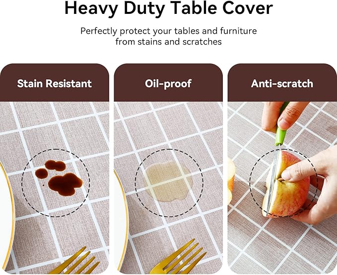Romanstile Rectangle Vinyl Tablecloth, 100% Waterproof Oil-Proof Checkered Plastic Table Cloth, Heavy Duty Wipeable Table Covers for Dining, Camping, Picnic, Outdoor - 54 x 120 Inch, Sand