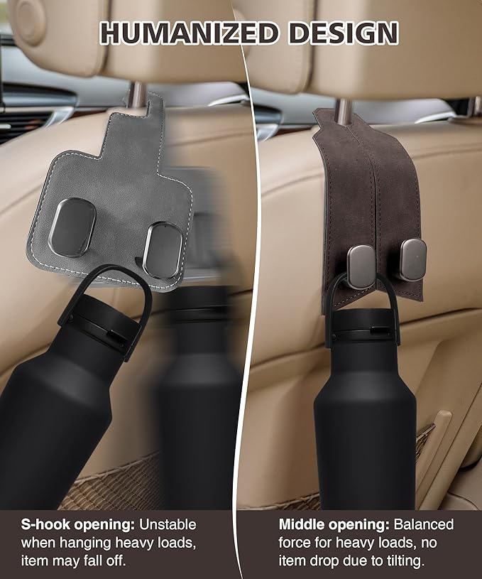 Purse Hook for Car, 4 Pack Headrest Hooks for Car 100% Metal & Premium Leather 2025 Latest, Auto Hanger & Holder for heatrest,seat,Bag,Purse (Brown)