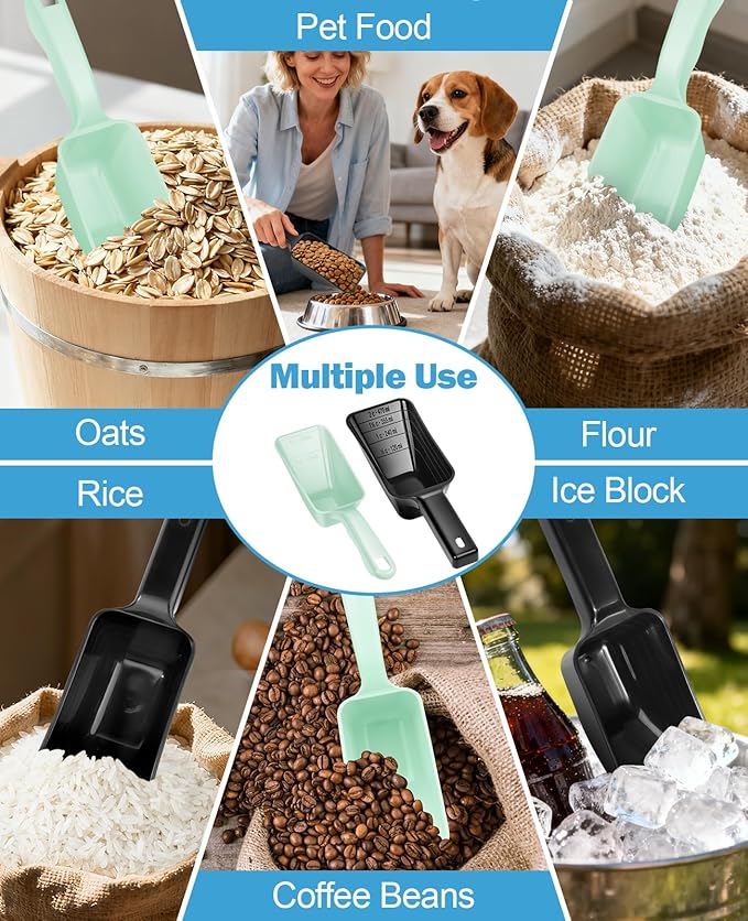 2-Pack Dog Food Scoop Set,1 Cup and 2 Cup Plastic Pet Food Measuring Scoops with Clear Measurement Lines,Multi-Purpose Pet Food Scooper for Dogs, Cats (Green and Black)