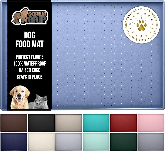 GORILLA GRIP 100% Waterproof Raised Edge BPA Free Silicone Pet Feeding Mat, Dog Cat Food Mats Contain Spills Protects Floors, Placemats for Cats and Dogs Water Bowl, Pets Accessories 23x15 Blue