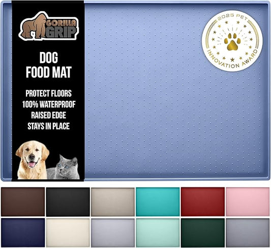 GORILLA GRIP 100% Waterproof Raised Edge BPA Free Silicone Pet Feeding Mat, Dog Cat Food Mats Contain Spills Protects Floors, Placemats for Cats and Dogs Water Bowl, Pets Accessories 23x15 Blue
