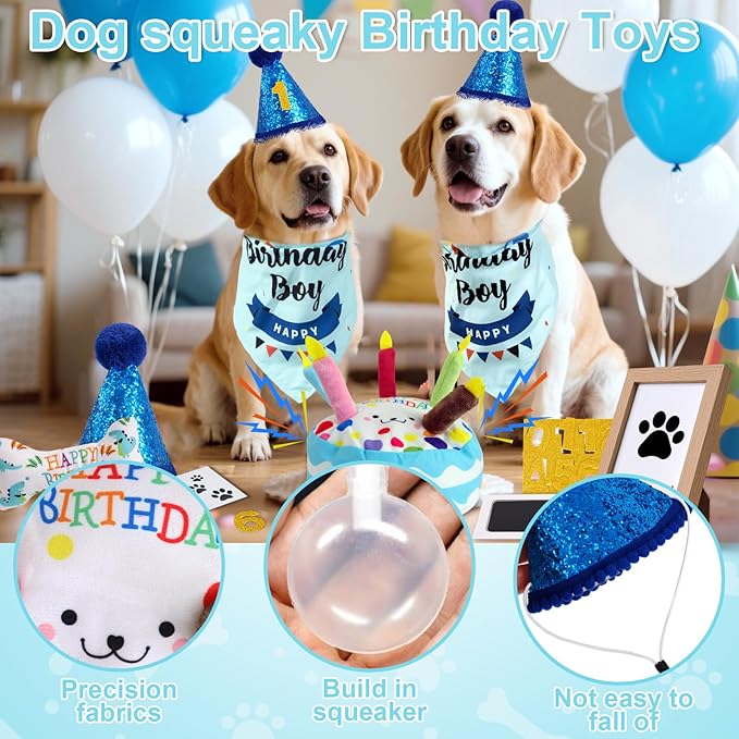 Dog Birthday Toy Set, Dog Squeaky Toys, Includes Squeaky Cake Toy, Plush Bones, Birthday Hats, Bandana, Paw Print Kit & Photo Frame. Pet Gift Supplies, Blue