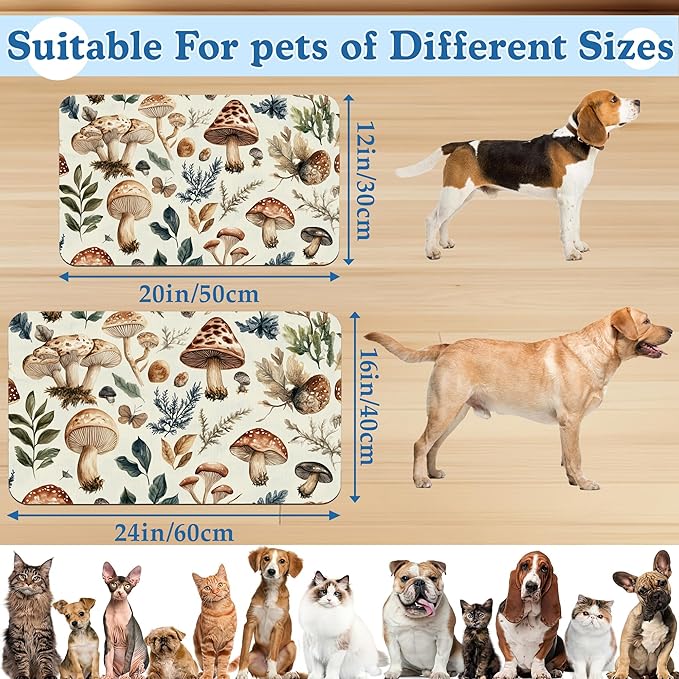 Vintage Mushroom Floral Dog Cat Food Mat–Absorbent Waterproof Placemat for Food and Water Bowls, Non Slip Rubber Backing, Feeding Mat for Clean Floors 12"x20"