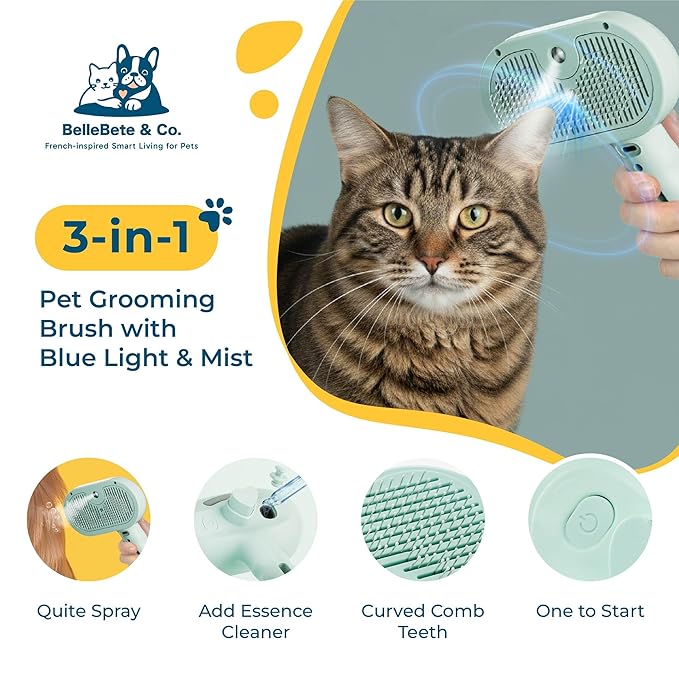 BelleBête & Co. Pet Steam Brush for Dog and Cat, Pet Hair Removal Grooming and Shedding Tool with One-Click Easy Self-Cleaning, USB Charging, No-Rinse Conditioning, Combs for Animals | Green