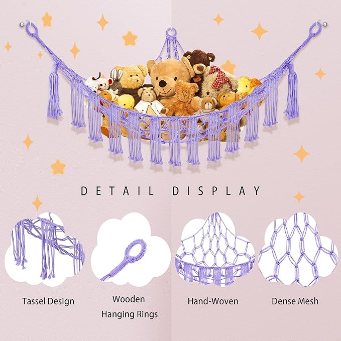 CERETIA Stuffed Animal Hammock with LED Light, Large Stuffed Animals Storage Corner Plushie Net for Kids Room Decor, 2 Packs Purple