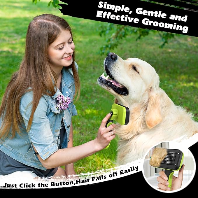 3PCS Self Cleaning Slicker Brush & Pet Grooming Rake & Flea Comb for Dogs,Cats and Horses | Double-Sided Dematting Comb & Skin Friendly Deshedding Grooming Tool (J-Green Black)