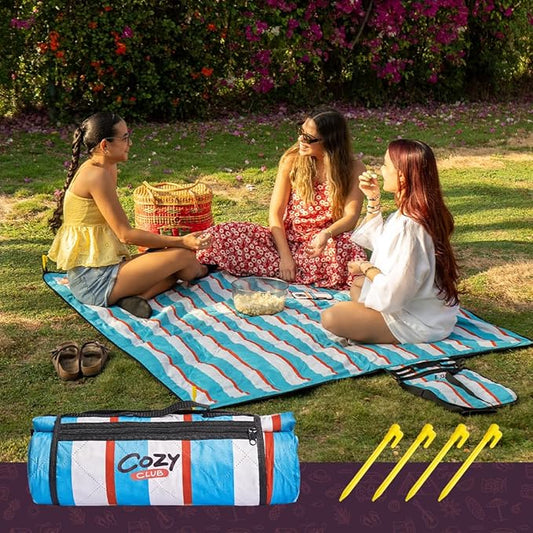 Cozy Club Waterproof Picnic Blanket Foldable Outdoor Mat with Pocket, Stakes & Shoulder Strap | Sandproof, Durable & Portable for Beach, Camping, Sporting Events & Travel | US Brand