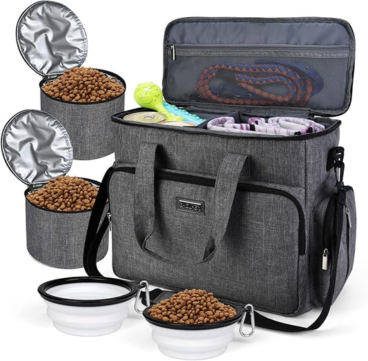 BAGLHER Dog Travel Bag, Airline Approved Pet Tote Organizer with Multi-Function Pockets, 2 X Food Storage Containers and 2 X Collapsible Bowls, Perfect Weekend Pet Travel Set for Dog, Cat Grey