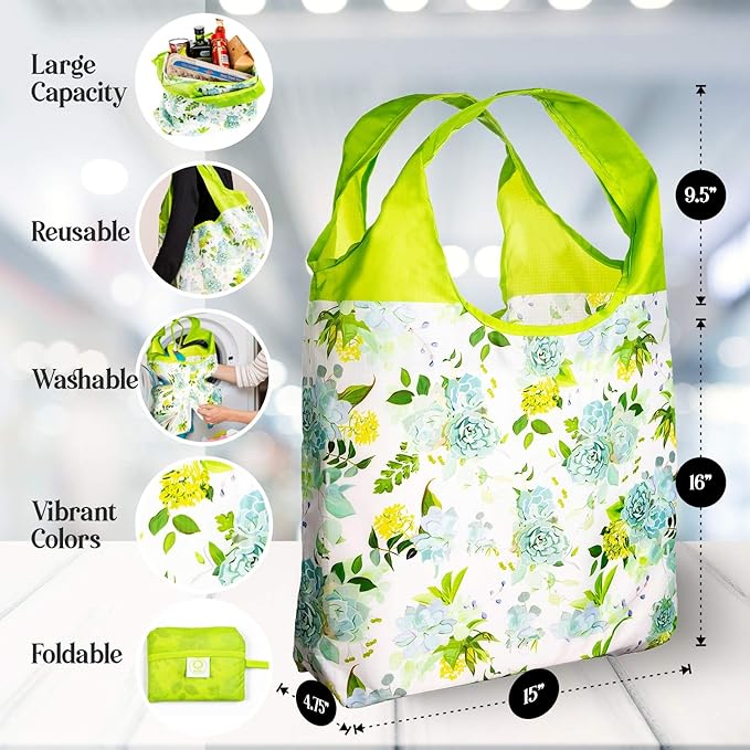 O-WITZ Reusable Grocery Bags | Vibrant Tote Bag For Groceries, Gym, Office, Beach & More | Washable Design With Large Handles For Maximum Convenience | Folds Into A Small Pouch, 5 Pack, Vintage Vibes