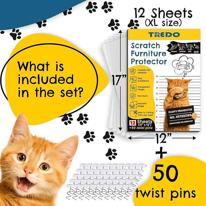 TREDO Anti Cat Scratch Furniture Protector 12-Pack - Large 17"x12" Clear Single Sided Couch Protector with 50 Twist Pins - Easy Install Deterrent for Cats - Protect Furniture, Doors, Walls