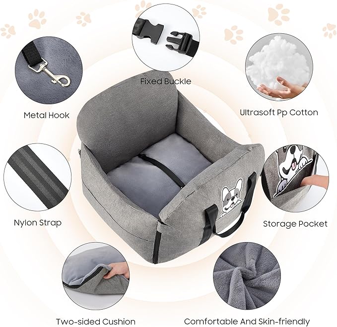Dog Car Seat for Small/Medium Dogs.Water Repellent with Storage Pockets.Doubles as a Pet Travel Bed for Dogs Up to 40 lbs. Machine Washable Dog Carrier- Gray French Bulldog