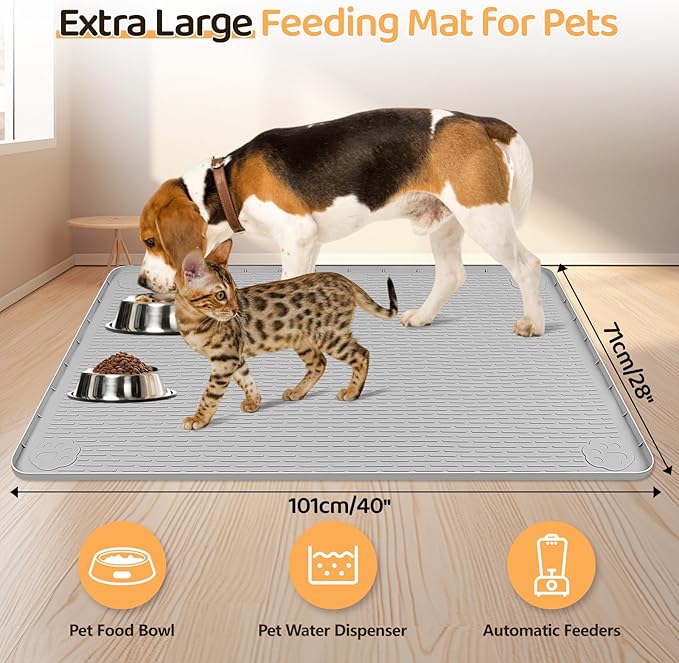 Bartuke Dog Food Mat, Extra Large 40" x 28" Silicone Pet Feeding Mat for Small, Medium, and Large Pets Non-Slip, Easy to Clean, Gray