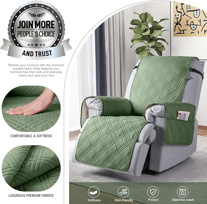 TAOCOCO 100% Waterproof Recliner Chair Cover Stay in Place, Recliner Covers for Small Recliner Chair with Pocket, Reclining Chair Cover Furniture Protector for Kids, Pets(20'', Bean Green)