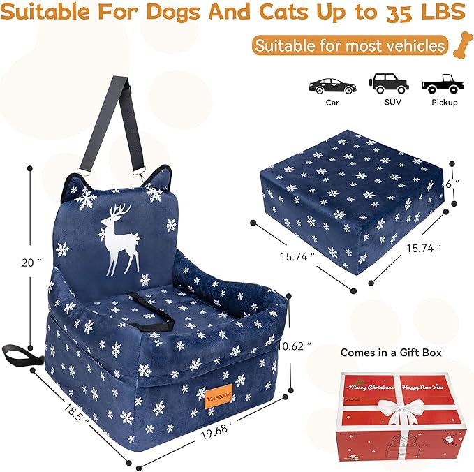 CABZOON Christmas Dog Car Seat for Small/Medium Dogs Up to 35lbs,Elevated Cushion Fits in Front/Back Seat,Travel Safety Per Car Bed with Washable Removable Cover, Storage 2 Pockets Christmas Elk