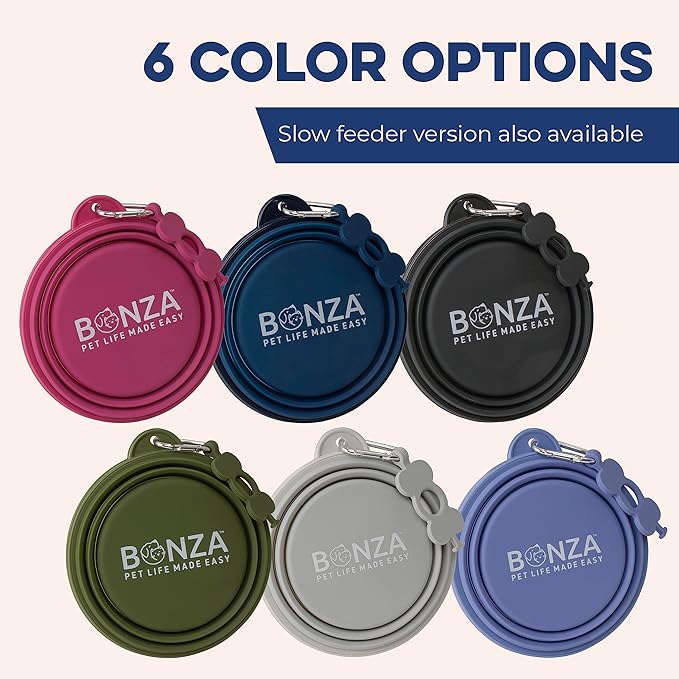 Bonza Collapsible Dog Bowls - Medium 25 oz, Dog Travel Accessories, Silicone Portable Dogs Bowl & Water Dish with Reinforced Rim & Carabiner for Hiking, Camping, and Car Trips, Periwinkle