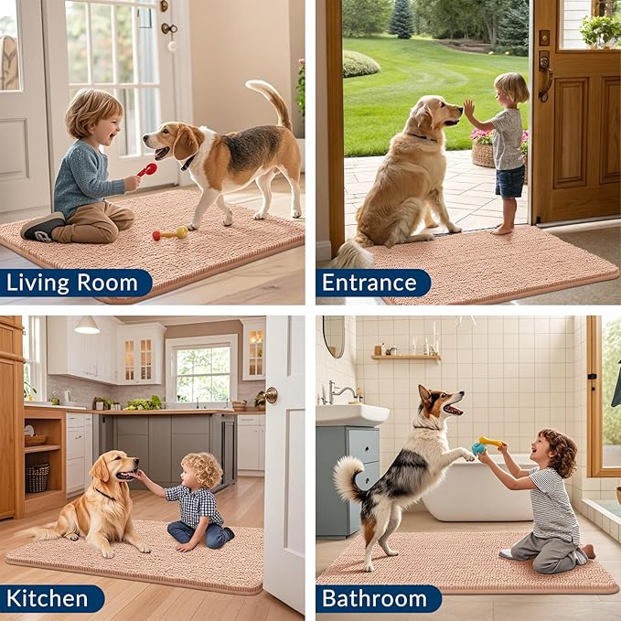 Smiry Dog Door Mat for Muddy Paws 47x24, Absorbs Moisture and Dirt Doormat, Non-Slip Washable Quick Dry Chenille Front Door Mat Indoor Entrance, Entryway Carpet for Inside Floor, Peach