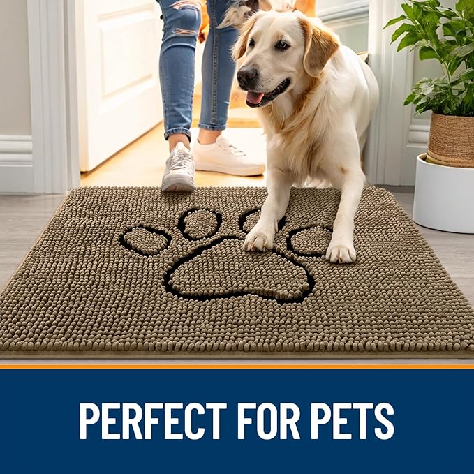 OLANLY Dog Door Mat for Muddy Paws 48x30, Paw Print Design, Absorbs Moisture and Dirt, Absorbent Non-Slip Washable Doormat, Quick Dry Chenille Mud Mat for Dogs, Entry Indoor Entryway Carpet, Tan