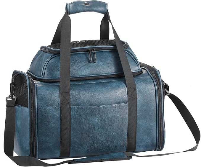 Bosnanller Premium Leather Top Expandable Pet Carrier for Small Dogs & Cats Under 15 lbs, Airline Approved Collapsible Soft-Sided Luxury Travel Bag Blue