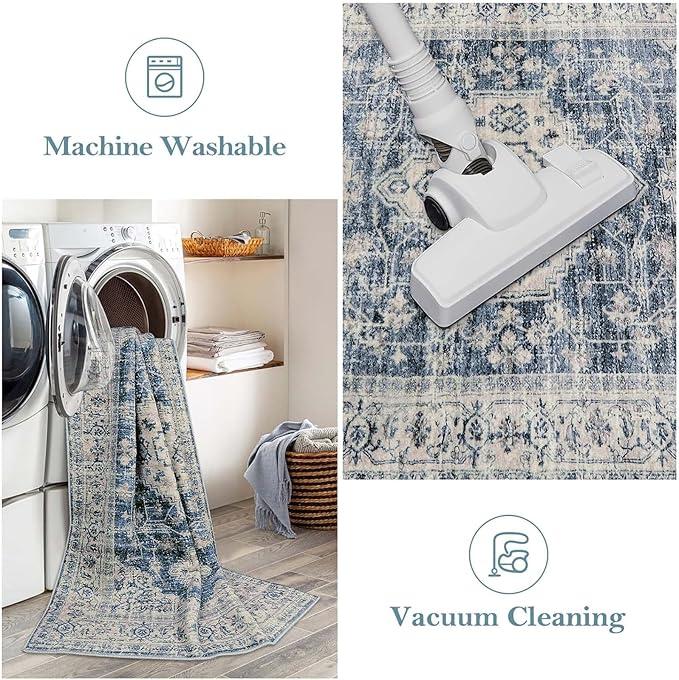 Lahome Oriental Washable Runner Rug Non Slip, 2x7 Rug Runners for Hallways Kitchen, Ultra-Thin Hallway Rugs for Laundry Room Bathroom Bedroom Eleanor, Blue