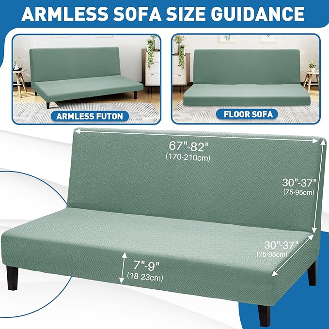 ZNSAYOTX Stretch Fit Futon Cover (67"-82") Armless Futon Sofa Bed Slipcover with Elastic Band, Universal Foldable Sofa Mattress Protector Full Queen Size, Washable Comfort Jacquard (Pea Green)