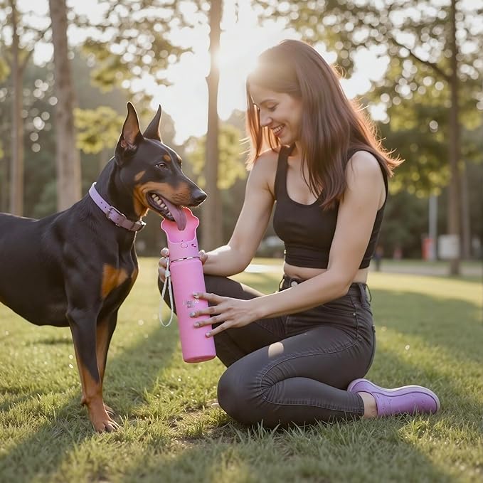 Waggle Bottle Stainless Steel Dog Travel Water Bottle, Vacuum Insulated Portable Dog Water Dispenser, Drink Cup and Snack Container On The Go, Outdoor Walking, Hiking, Travel (Pink)