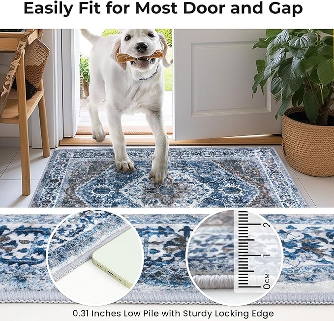 KOZYFLY Runners for Hallways 2.6x16 Ft Extra Long Washable Kitchen Runner Rug Boho Runner Rug for Entryway Indoor Blue Printed Oriental Faux Wool Stair Floor Carpet Runner for Stair Kitchen Hall