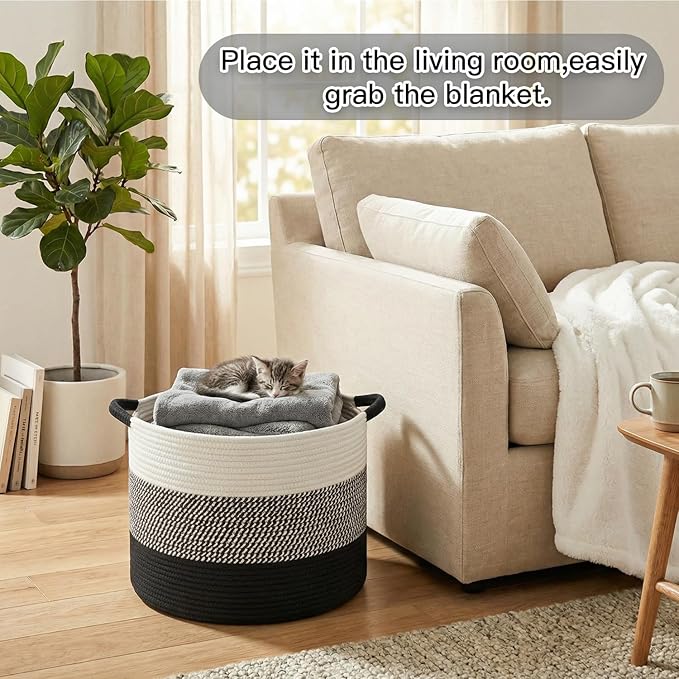 Artfeel 40L Large Cotton Rope Basket, Decorative Woven Blanket Storage for Living Room, Boho Toy Storage & Toy Box for Kids, Versatile Laundry Basket & Nursery Hamper for Blankets(Black)