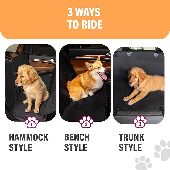 Active Pets XL Waterproof Hammock Large Car Seat Cover, Fits SUVs Trucks Big Sedans, Secure Convertible Travel Bed Protects Backseat Cargo from Dog Puppy Pet Water Food Drool Urine, Black Orange Trim